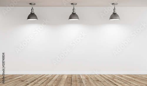 Stanza vuota illuminata con faretti a soffitto e parquet render photo