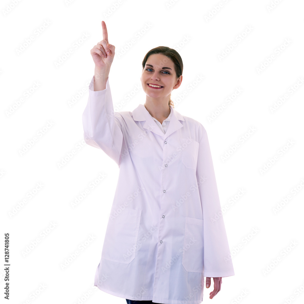 Female doctor assistant scientist in white coat over isolated background Female doctor assistant scientist in white coat over isolated background