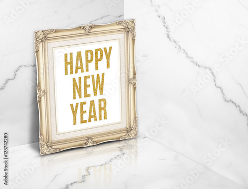 Fototapeta Naklejka Na Ścianę i Meble -  Happy new year word on vintage golden photo frame at white gloss