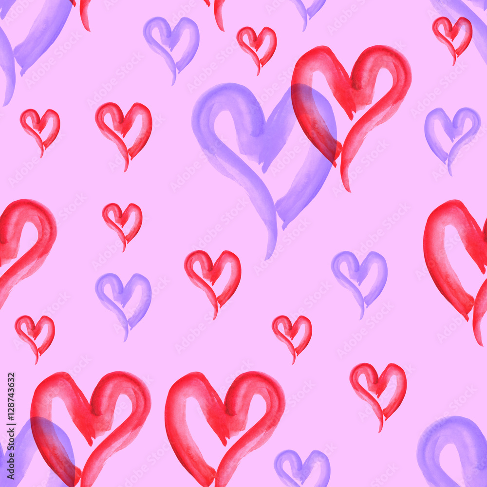 Watercolor pattern vintage background red 
and blue heart.