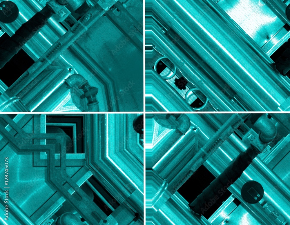 Obraz premium Blue aluminum background. Four illustrations set. Metal pipes and abstract technological components. industrial concept.