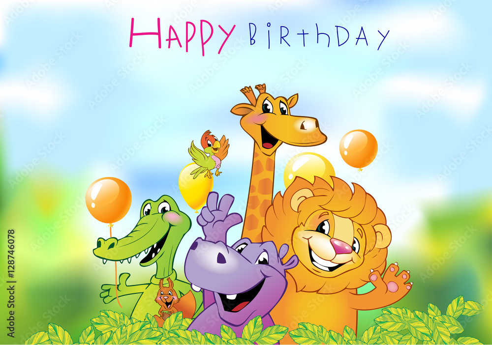 Obraz premium Cartoon animals, Birthday greeting card