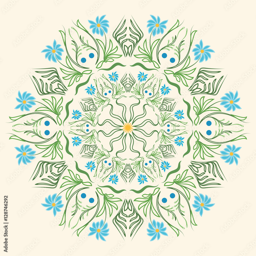 Fototapeta premium Round floral ornament mandala Indian style summer flowers and he