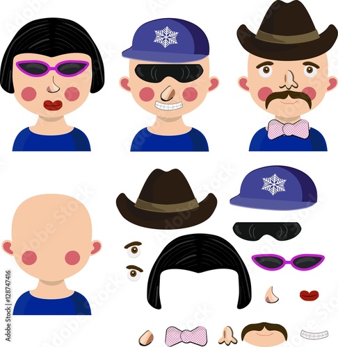 Cartoon faces parts: eyes, glasses, hats, hair.