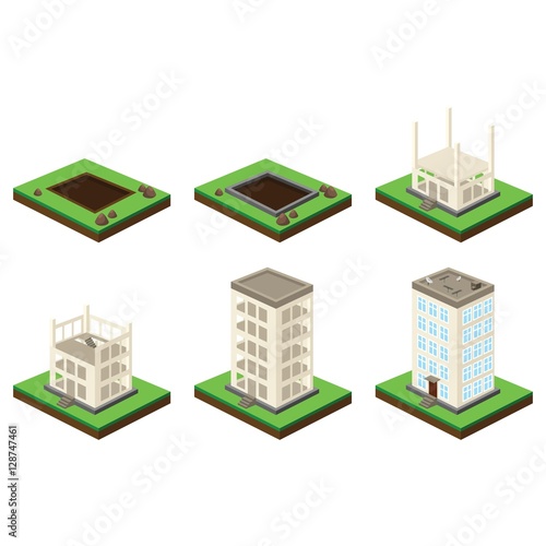 Skyscraper building process. Isometric illustration of house construction. Six stages.