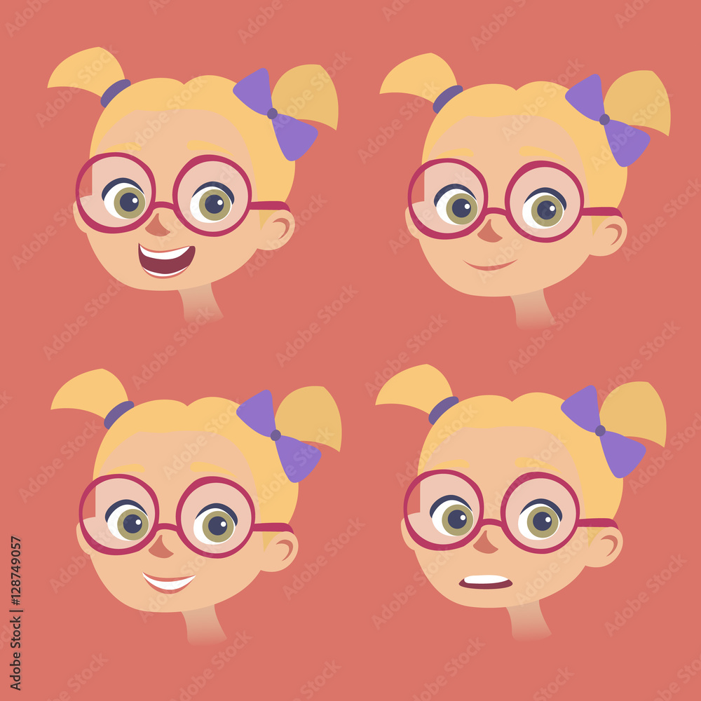 Fototapeta premium Vector set of little girls faces with various facial expressions
