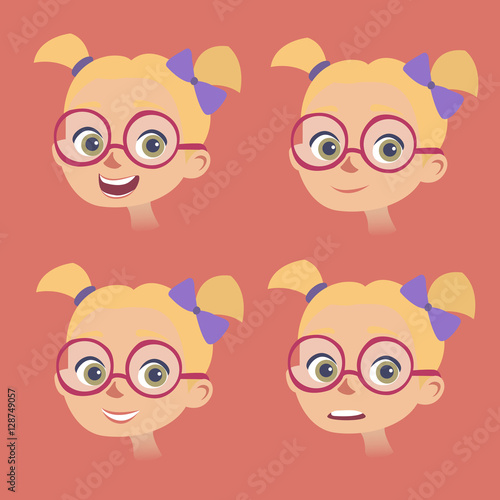 Vector set of little girls faces with various facial expressions