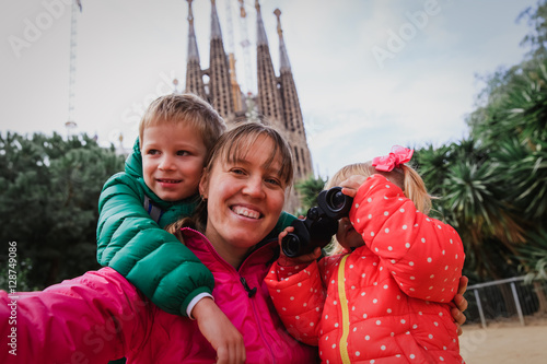 Photography Family tourism - mother with kids travel in Barcelona