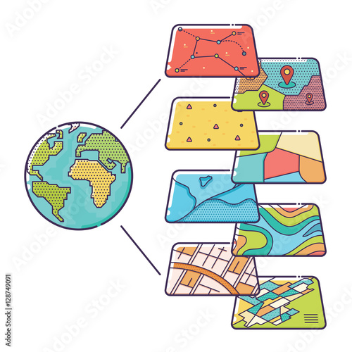 Vector Illustration of GIS Spatial Data Layers Concept for Business Analysis, Geographic Information System, Icons Design, Liner Style
