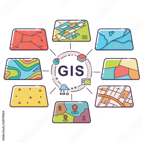 Vector Illustration of GIS Spatial Data Layers Concept for Business Analysis, Geographic Information System, Icons Design, Liner Style
 photo