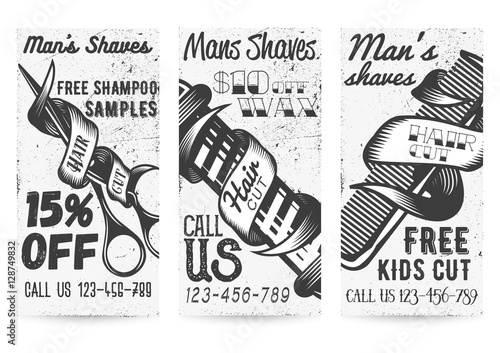 Vector set of vintage templates for barber shops offers, promotions