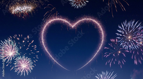Night sky with fireworks shaped as a heart.(series)
