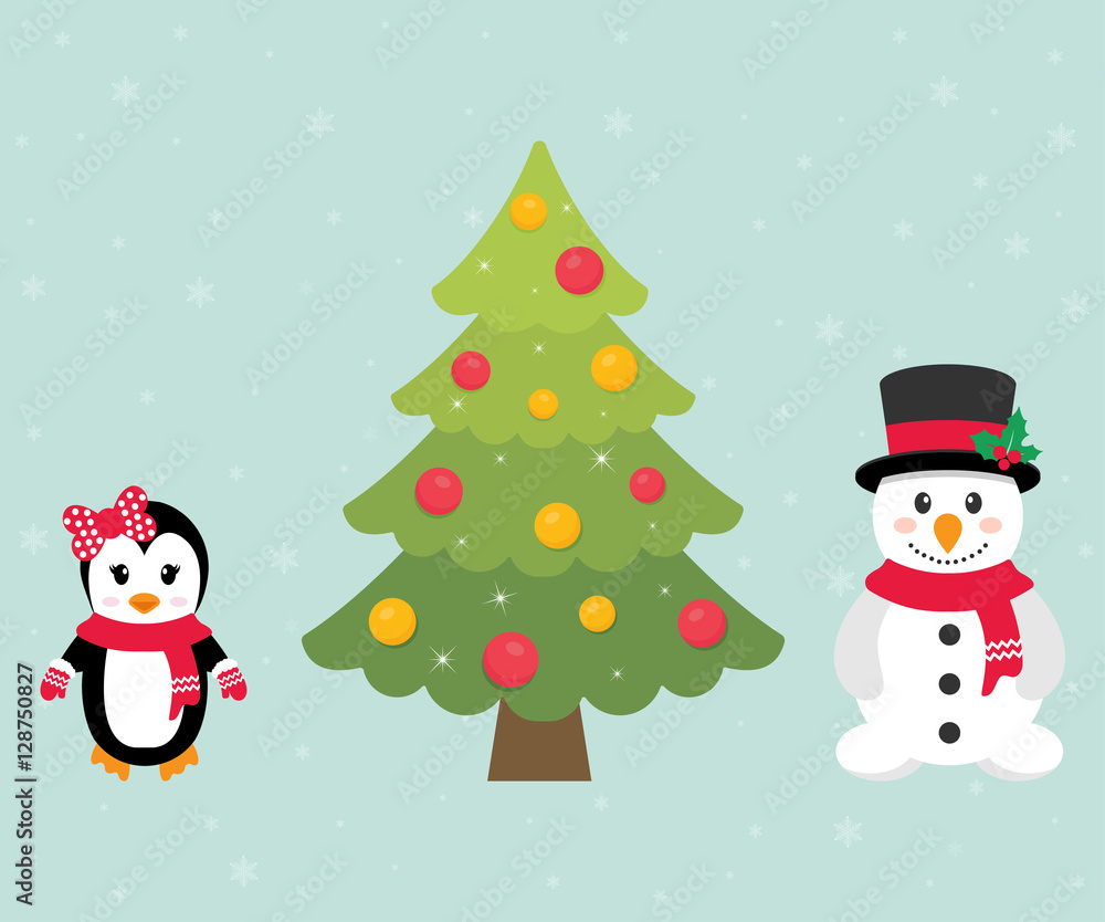 winter penguin and snowman and christmas fir tree