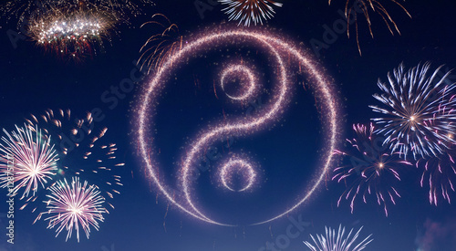 Night sky with fireworks shaped as a Ying Yang symbol.(series)