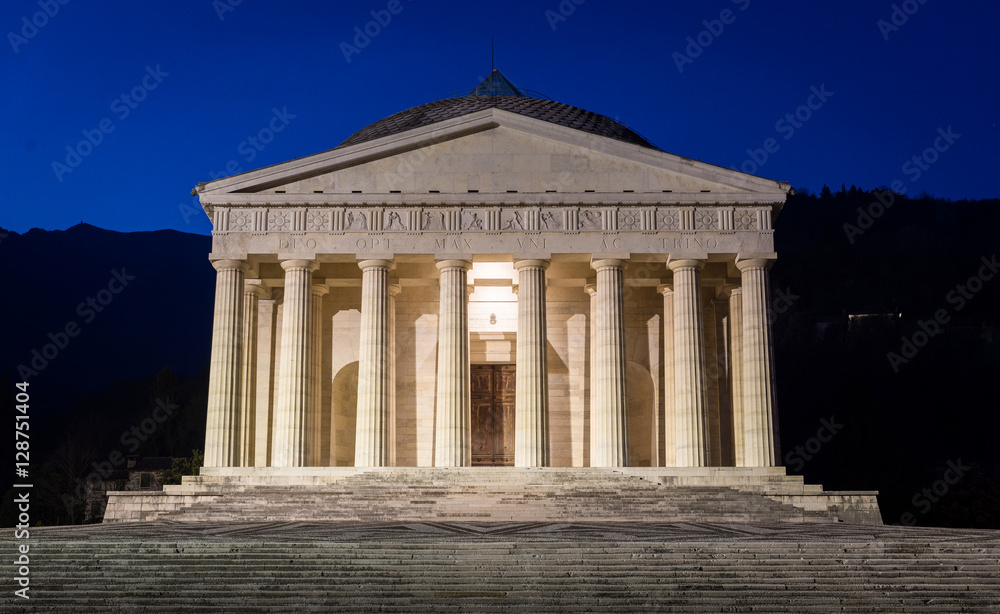 Christian temple by Antonio Canova. Roman and Greek religious architecture, building as pantheon and parthenon. Church situated in Possagno, Italy.