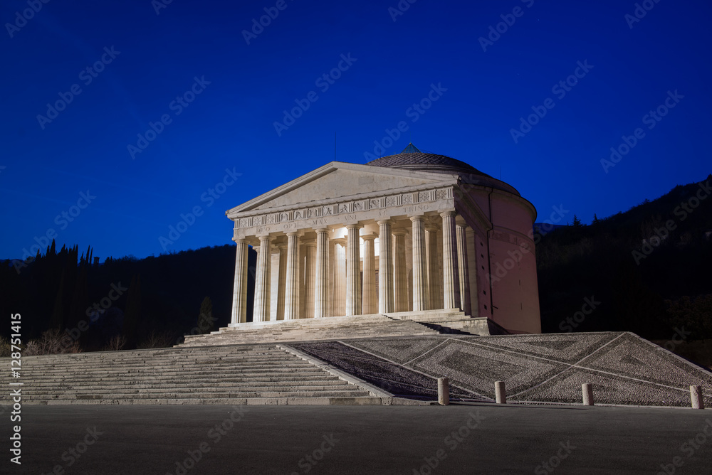 Christian temple by Antonio Canova. Roman and Greek religious architecture, building as pantheon and parthenon. Church situated in Possagno, Italy.