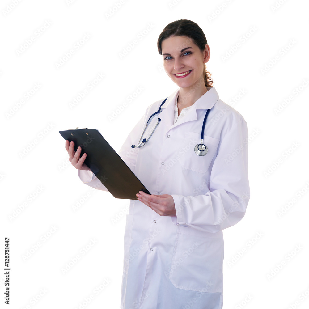 Female doctor assistant scientist in white coat over isolated background Female doctor assistant scientist in white coat over isolated background