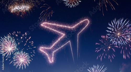 Night sky with fireworks shaped as an airplane.(series)