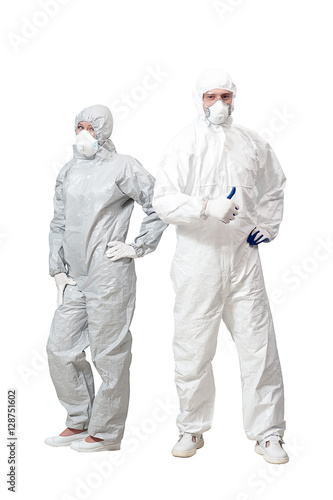 man and woman vkombenizone bio hazard materials isolated on white background.