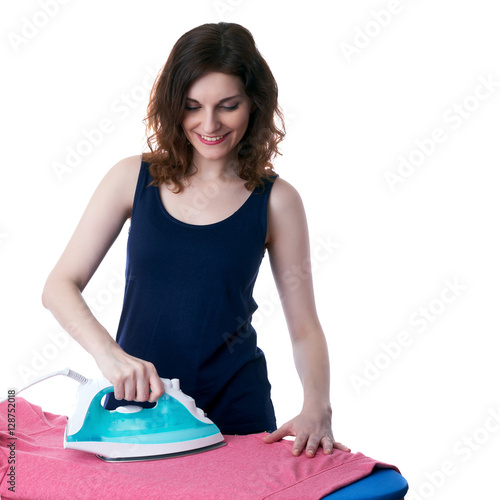 Young woman in dark T-shirt and green rubber gloves over white isolated background