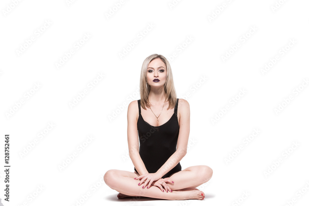 girl in a black bodysuit on a white background