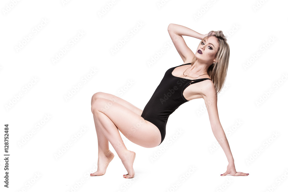 girl in a black bodysuit on a white background
