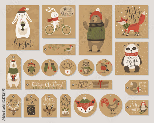 Christmas kraft paper cards and gift tags set, hand drawn style.