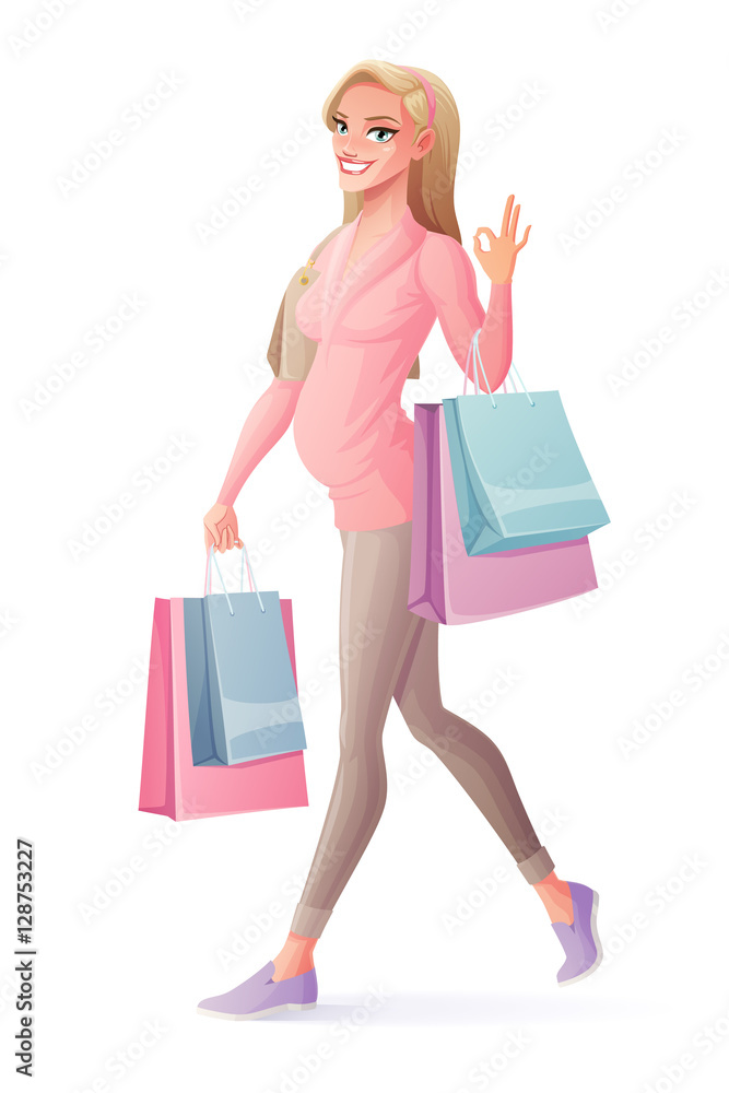 Vector pregnant woman walking with shopping bags and showing OK.