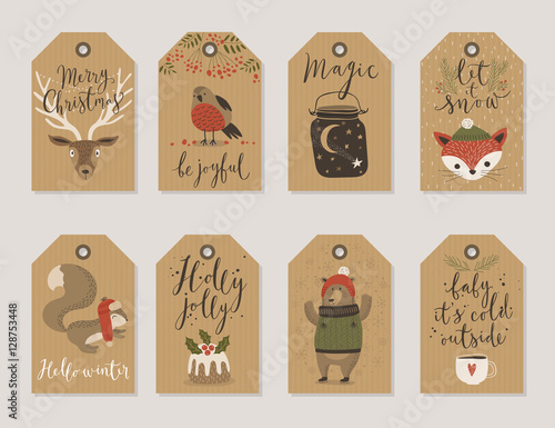Christmas kraft paper cards and gift tags set, hand drawn style.