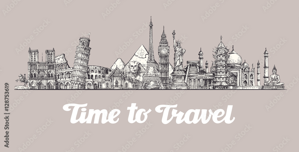 Travel, journey. Around the world, Sights of countries. Banner, vector illustration
