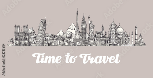 Travel, journey. Around the world, Sights of countries. Banner, vector illustration