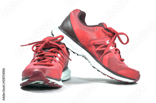 Colorful red running and fashion sneaker shoes isolated on white background.
