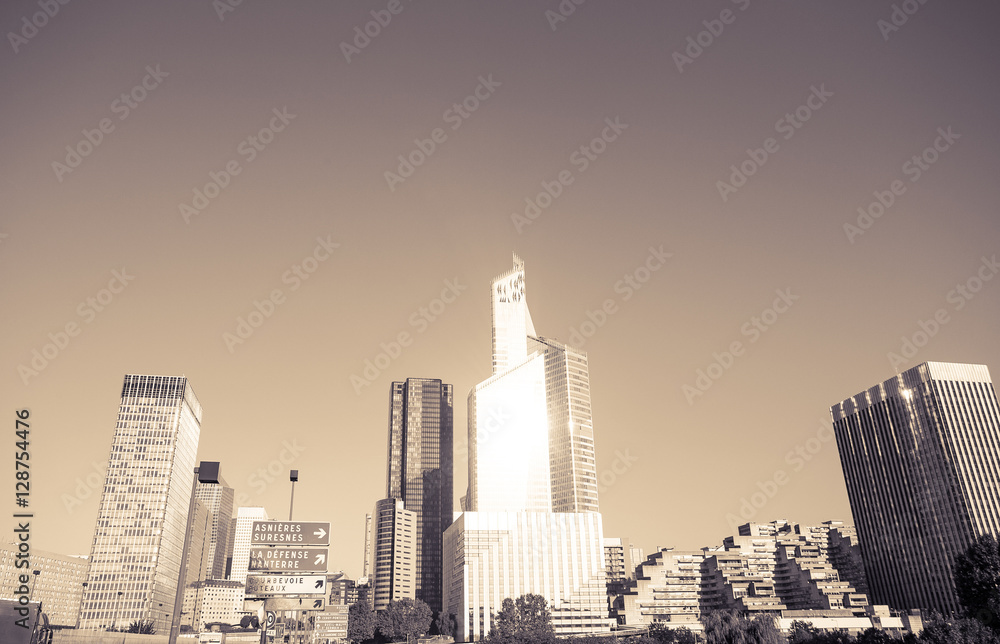 Fototapeta premium Skyscrapers with glass facade. Modern buildings in Paris business district. Concepts of economics, financial, future. Copy space for text. Dynamic composition