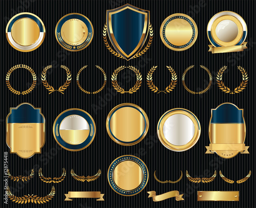 Vector medieval golden shields laurel wreaths and badges collection