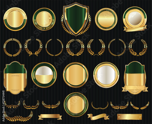 Vector medieval golden shields laurel wreaths and badges collection
