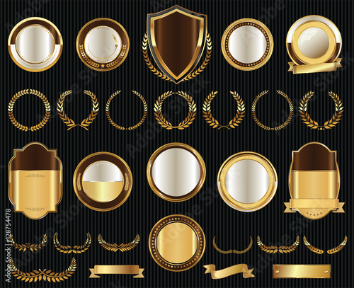 Vector medieval golden shields laurel wreaths and badges collection
