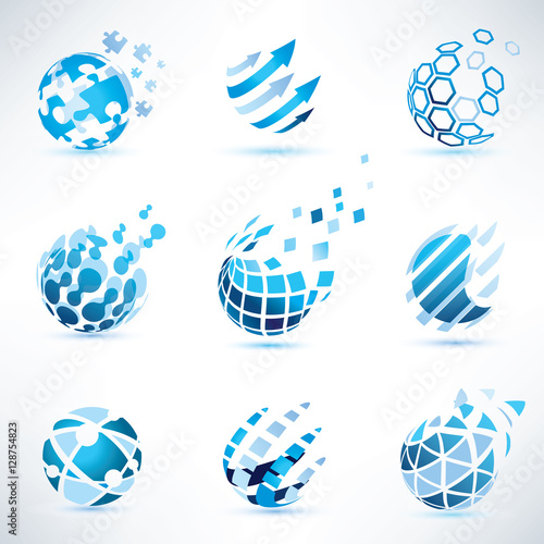 abstract globe and puzzle symbol set,communication and technolog