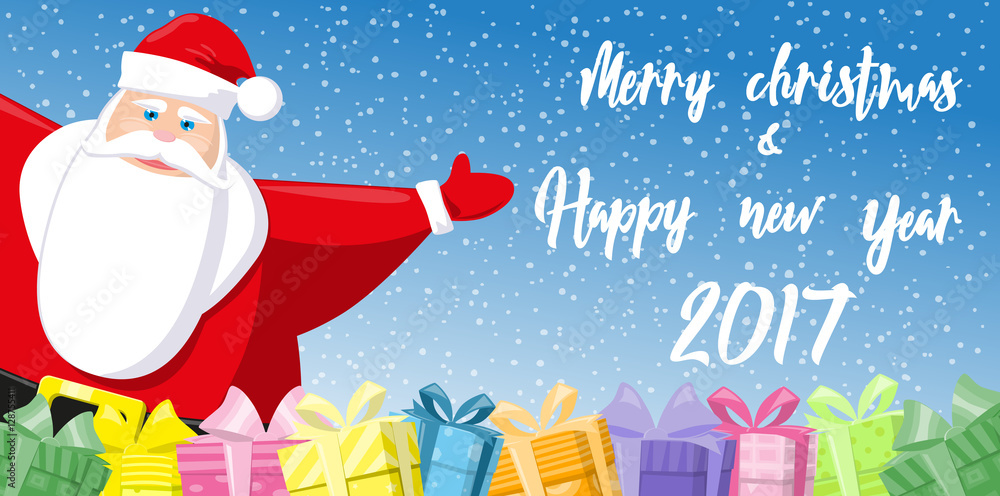 Merry Christmas and Happy New Year 2017 banner. Cute Santa Claus and gift boxes on background snowflakes. Hand drawn lettering. Cartoon style. Concept design poster, greeting card or flyer. Vector Merry Christmas and Happy New Year 2017 banner. Cute Santa Claus and gift boxes on background snowflakes. Hand drawn lettering. Cartoon style. Concept design poster, greeting card or flyer. Vector