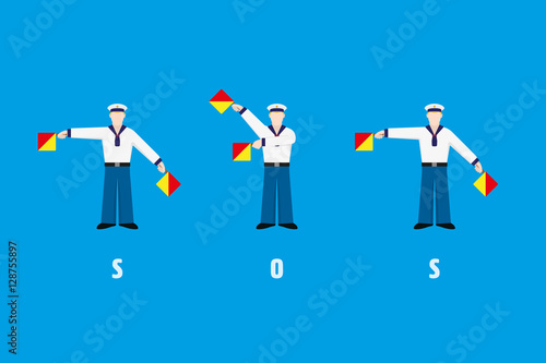 Canvas Print SOS signal performed by sailors with flag semaphore system flat design vector il