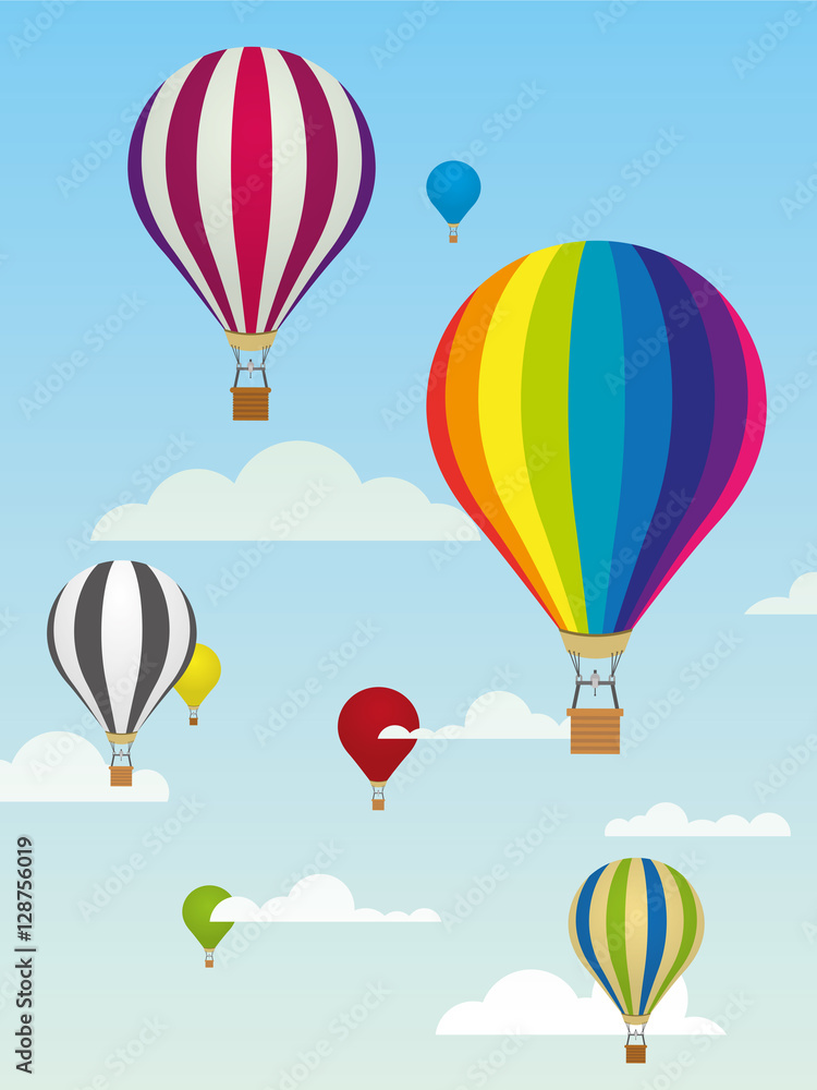 Naklejka premium Hot air balloons. Group of colorful balloons and clouds in the sky