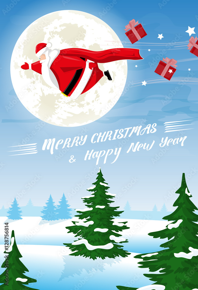 Merry Christmas and Happy New Year landscape. Funny fat Santa Claus with gift boxes flying on moon background as superhero. Cartoon style. Concept design banner, poster, flyer, greeting card. Vector Stock Vector | Merry Christmas and Happy New Year landscape. Funny fat Santa Claus with gift boxes flying on moon background as superhero. Cartoon style. Concept design banner, poster, flyer, greeting card. Vector Stock Vector |