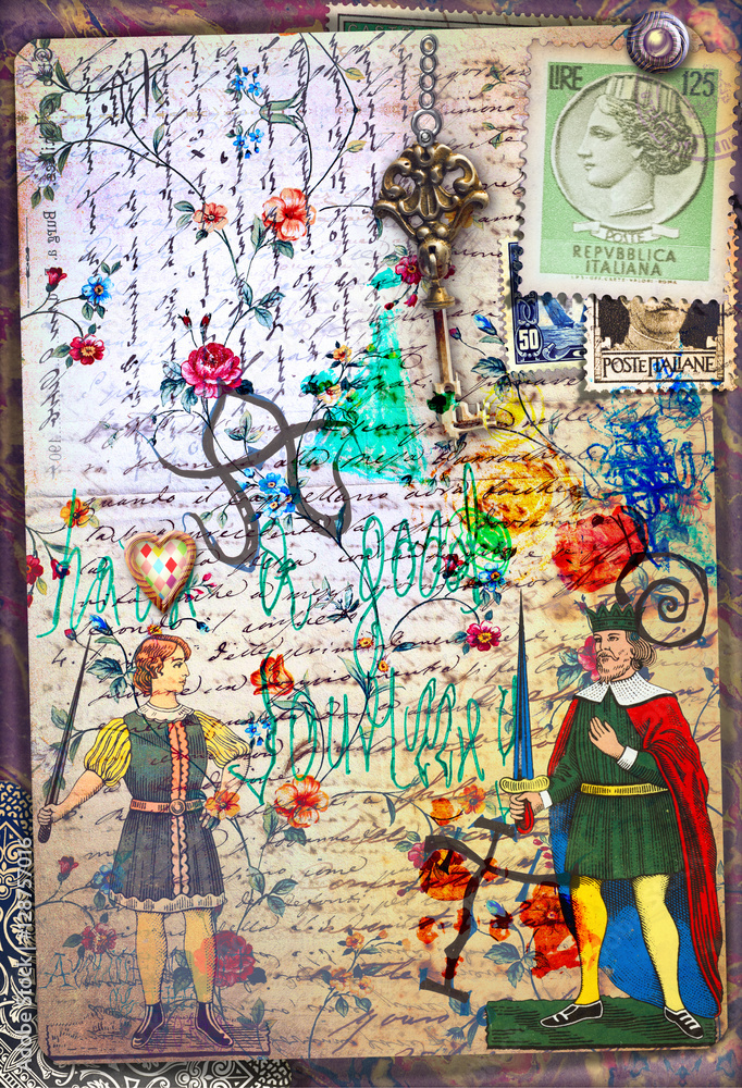 Fototapeta premium Old postcard with vintage stamps,key and toy cards.