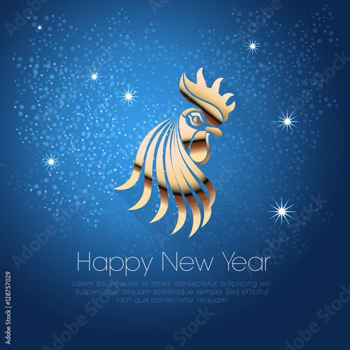 Golden Rooster on a blue background and the words 