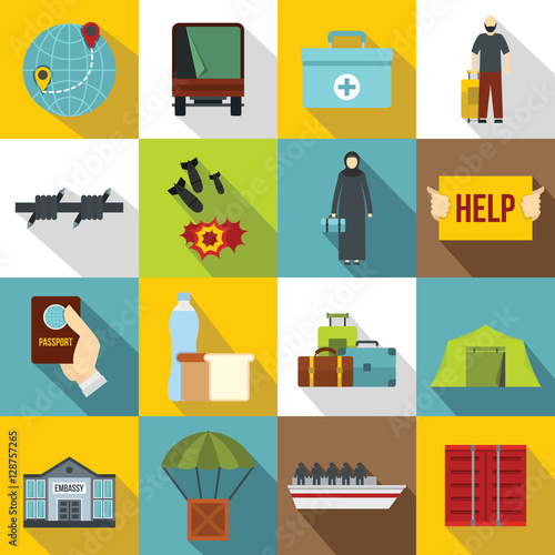 Refugees problem icons set. Flat illustration of 16 refugees problem vector icons for web
