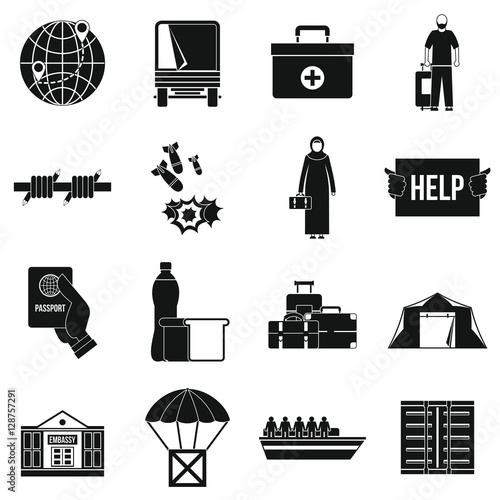 Refugees problem icons set. Simple illustration of 16 refugees problem vector icons for web