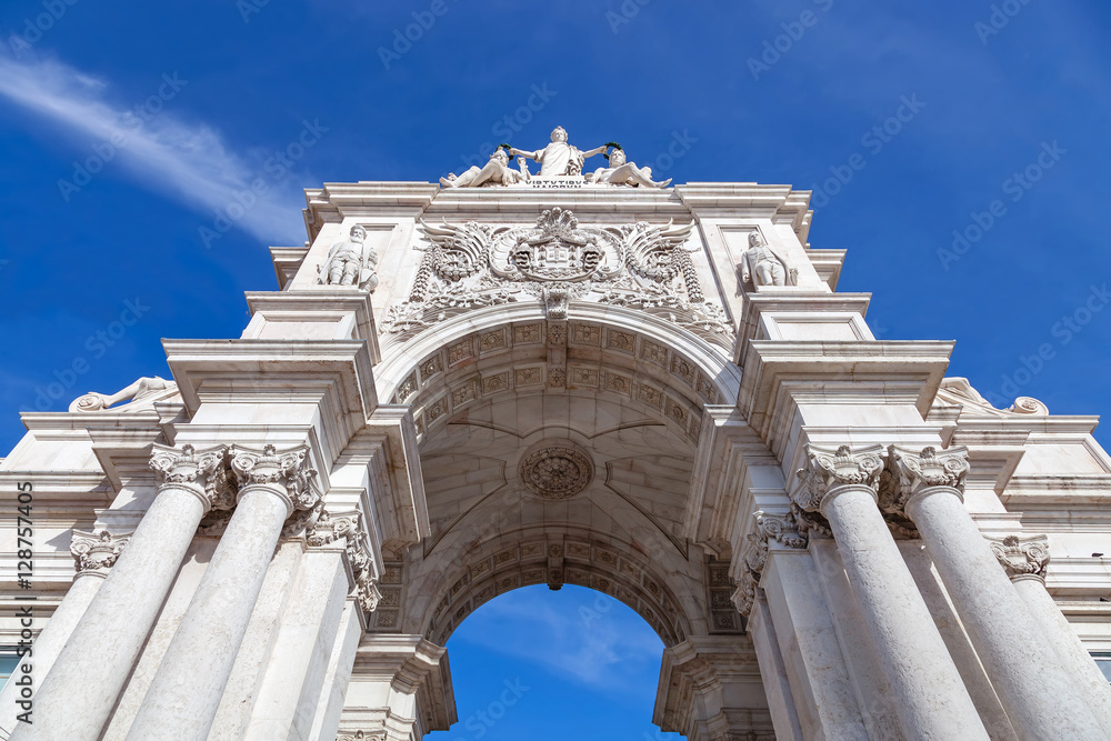 Lisbon, Portugal. Looking up at the iconic Augusta Street Triumphal Arch in the Commerce Square, Praca do Comercio or Terreiro do Paco.