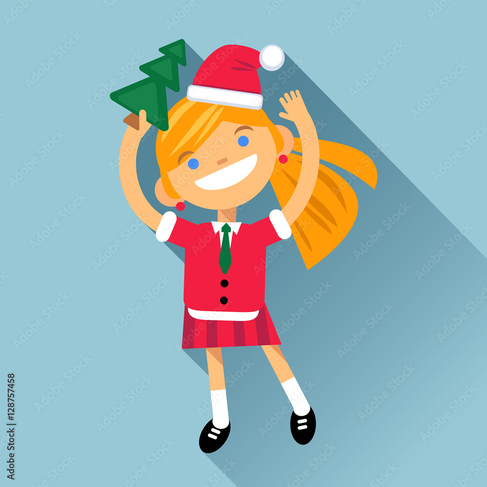 girl, woman character in New Year costume on a blue background. Marry Christmas.