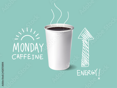 realistic illustration vector of a paper cup of espresso coffee with freehand write text Monday caffeine coffee, morning coffee vector design concept 
