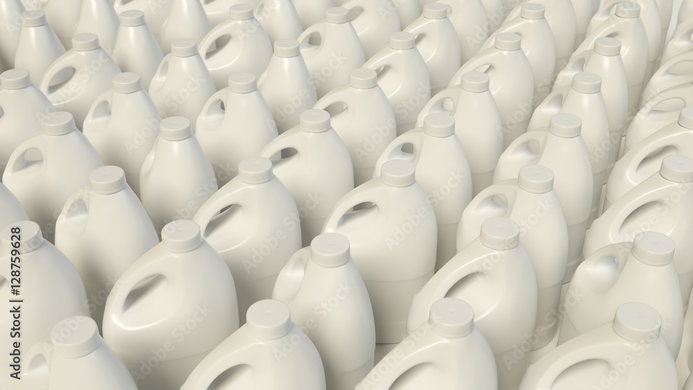 Obraz premium Chaotic pile of blank bleach, or detergent, bottles. This image is a 3D illustration.