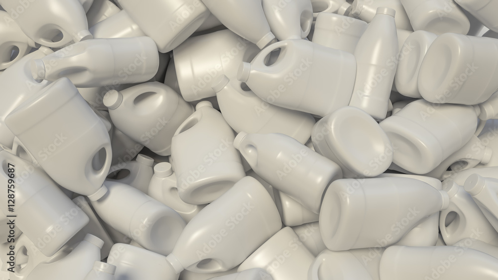 Obraz premium Chaotic pile of blank bleach, or detergent, bottles. This image is a 3D illustration.